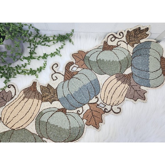 Sigrid Olsen Other - Fall Pumpkins Beaded Table Runner Blue Gray Thanksgiving Gourds Decor 13x36